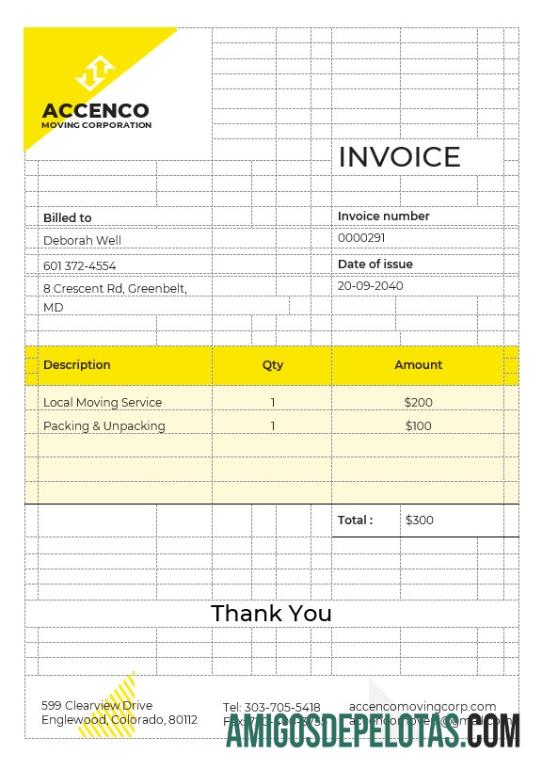 imprimível Modelo de fatura para empresas de mudanças e mudanças